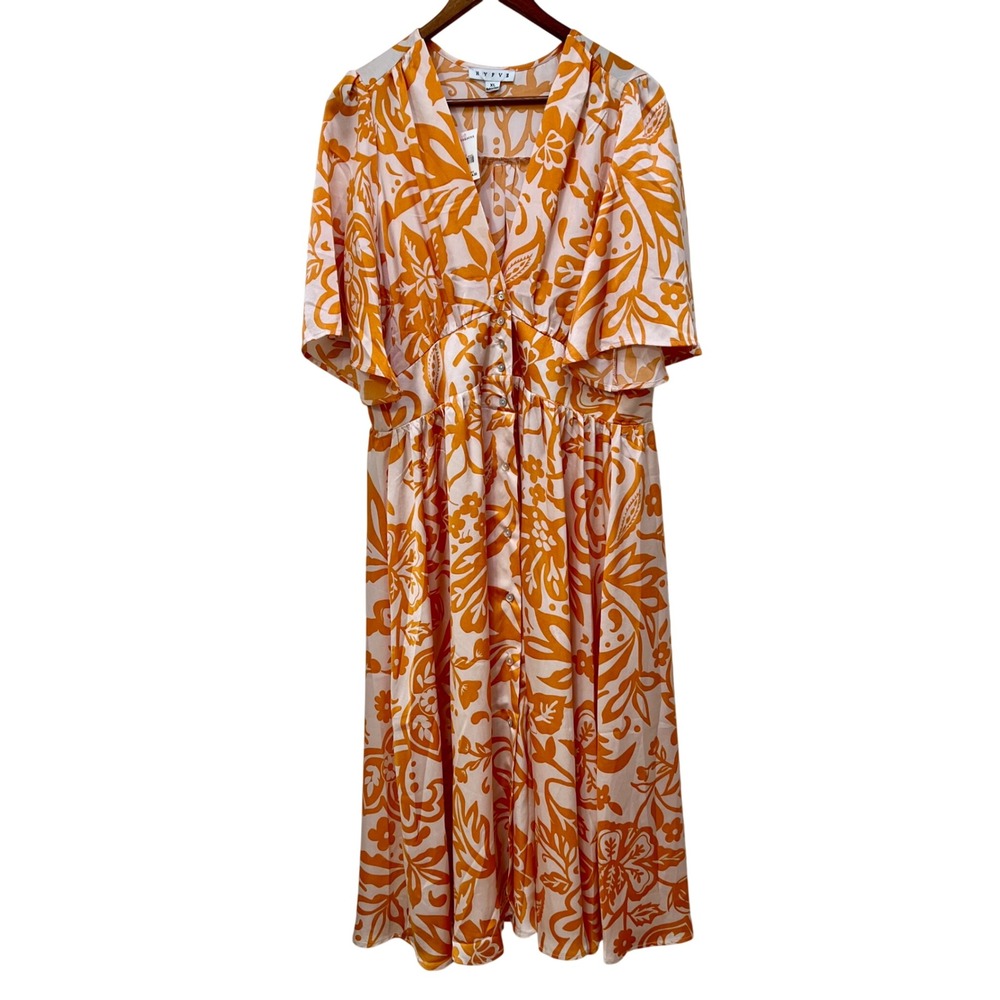 HYFVE Versona Orange Multi Floral Button Front Midi Dress XL NWT Resortwear‎